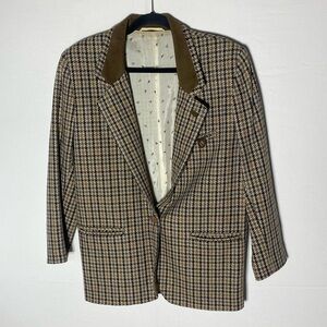 Vintage Brown Tan Green Houndstooth Plaid Wool Blend 2 Button Blazer Jacket M